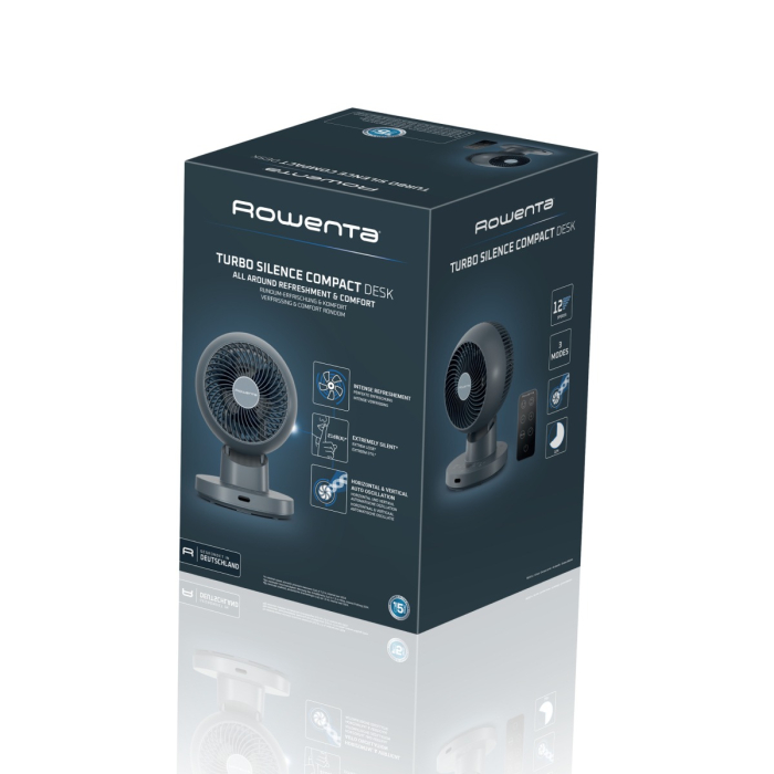 Ventilator pentru birou Rowenta Turbo Silence Compact 3D QV2540F1, 22 W, 3 moduri automate, 12 trepte de viteza, telecomanda inclusa, oscilatie multidirectionala, oprire automata, design compact, alba [10]