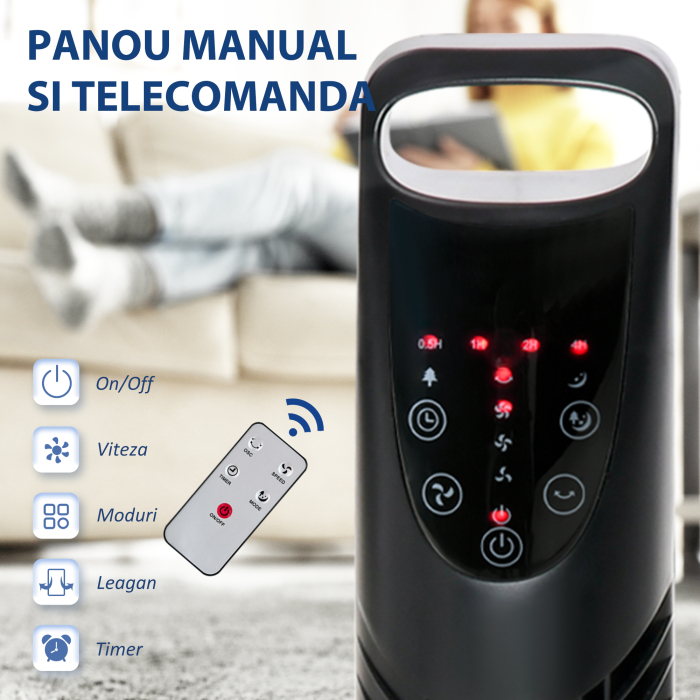  Ventilator Reglabil Oscilant cu 3 niveluri de viteza si Telecomanda de control de la distanta, Ф18x78.5cm Negru [6]