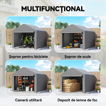  2x2,4 m Garaj Moto pentru Exterior, Tenda Impermeabila cu Usa Rulabila, pentru Biciclete si Unelte, Cadrul din Otel Zincat, Adapost de Gradina, Gri Deschis [5]