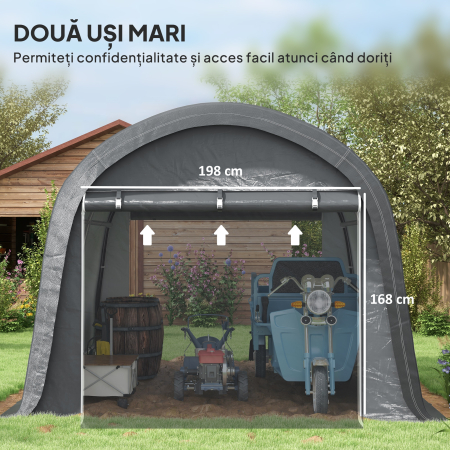  3x3m Garaj pentru Motociclete, Cort cu Acoperis Rezistent Impermeabil, 2 Intrari cu Fermuar, pentru Biciclete si Unelte, Cadru din Otel Galvanizat, Cort Gradina, Gri [5]