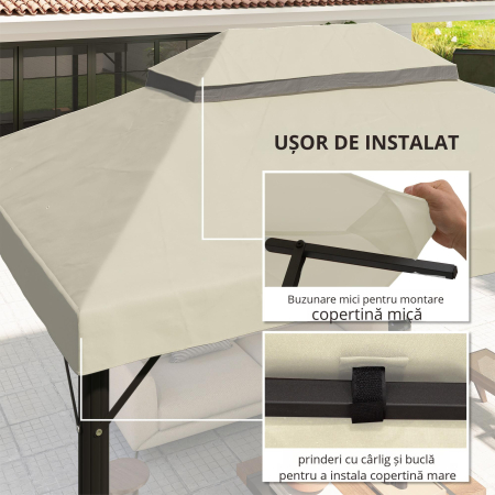  Acoperire pentru Foisor de Gradina 3x4 m cu 2 Niveluri din Material Oxford 600D cu Orificii de Drenaj, Alb-Crem [4]
