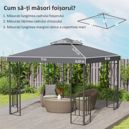  Acoperis de Rezerva pentru Foisor 3x3m cu Design pe Doua Niveluri, Rezistent la Razele UV, Gri inchis [2]