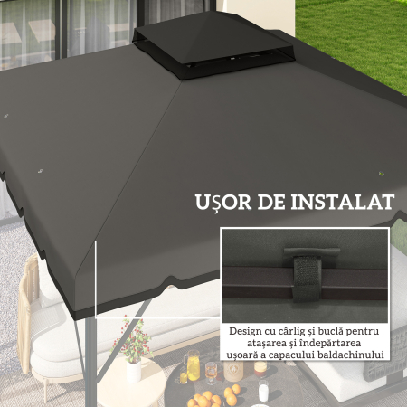  Acoperis de Rezerva pentru Pavilion 3x3 m de Gradina, Husa pentru Pavilion cu Doua Nivele Rezistenta la Apa din tesatura 180g/㎡ Anti-UV 30+ cu 8 Orificii de Drenaj, Gri [5]