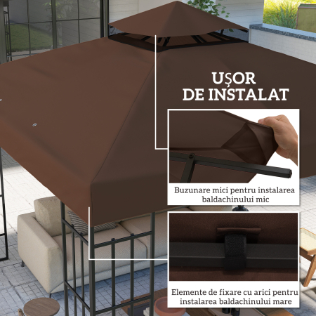  Acoperis de Schimb pentru Foisor 3x3 m cu 2 Niveluri pentru Gradina, Panza Rezistenta la Apa din tesatura Oxford 370g/㎡ Anti-UV 30+ cu Orificii de Drenaj, Cafea [4]