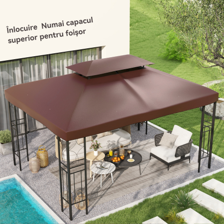  Acoperis pentru Cort de Gradina 3x4 m cu 2 Niveluri din tesatura Oxford 600D, cu Orificii de Drenaj, Cafeniu [1]