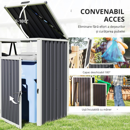  Acoperitor pentru Tomberoane de Exterior cu 2 Compartimente, Capac Rabatabil 180°, din Otel Galvanizat, pentru Gradina sau Patio, 146x81x122 cm, Gri inchis [6]