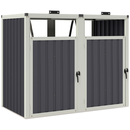 Gradina & balcon -  Acoperitor pentru Tomberoane de Exterior cu 2 Compartimente, Capac Rabatabil 180°, din Otel Galvanizat, pentru Gradina sau Patio, 146x81x122 cm, Gri inchis