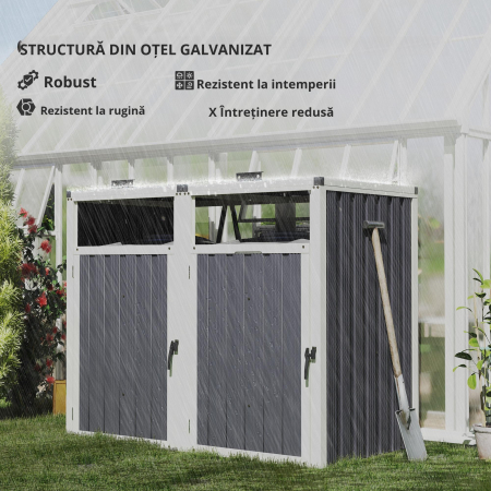  Acoperitor pentru Tomberoane de Exterior cu 2 Compartimente, Capac Rabatabil 180°, din Otel Galvanizat, pentru Gradina sau Patio, 146x81x122 cm, Gri inchis [3]
