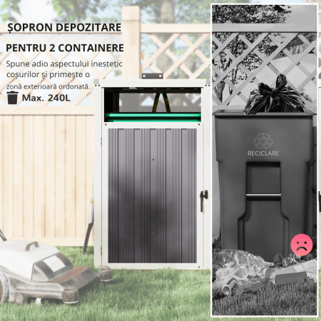  Acoperitor pentru Tomberoane de Exterior cu 2 Compartimente, Capac Rabatabil 180°, din Otel Galvanizat, pentru Gradina sau Patio, 146x81x122 cm, Gri inchis [5]