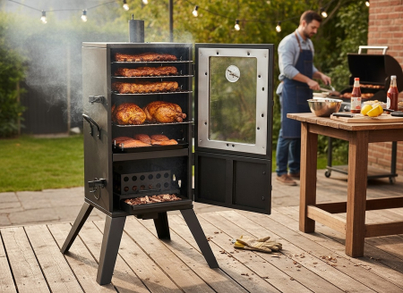 Afumatoare pentru gradina cu termometru si 3 gratare, 60x55x103 cm, negru [10]