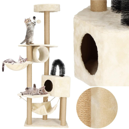Ansamblu joaca pisici loc zgariat ascunzatoare culcus hamac minge, 154 cm, stalpi sisal, crem [10]