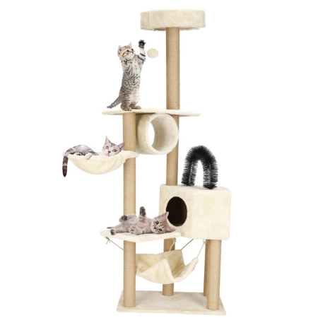 Ansamblu joaca pisici loc zgariat ascunzatoare culcus hamac minge, 154 cm, stalpi sisal, crem [9]