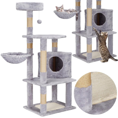 Ansamblu joaca pisici loc zgariat ascunzatoare culcus minge, 124 cm, stalpi sisal, gri [5]