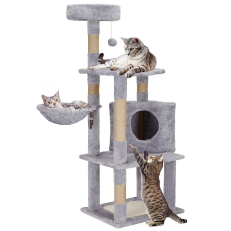 Ansamblu joaca pisici loc zgariat ascunzatoare culcus minge, 124 cm, stalpi sisal, gri [6]