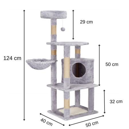 Ansamblu joaca pisici loc zgariat ascunzatoare culcus minge, 124 cm, stalpi sisal, gri [11]