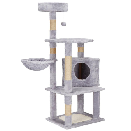 Ansambluri de joaca animale - Ansamblu joaca pisici loc zgariat ascunzatoare culcus minge, 124 cm, stalpi sisal, gri