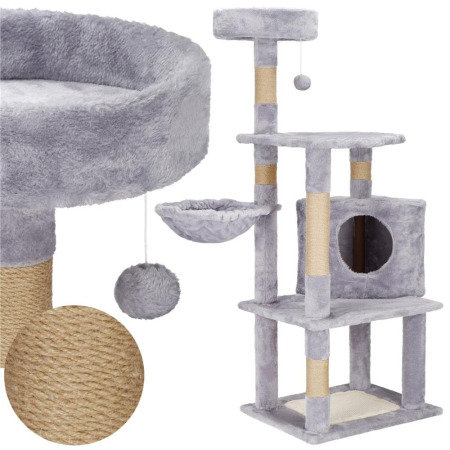 Ansamblu joaca pisici loc zgariat ascunzatoare culcus minge, 124 cm, stalpi sisal, gri [3]