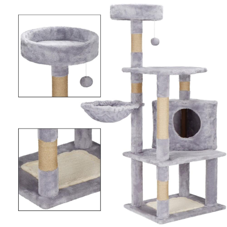Ansamblu joaca pisici loc zgariat ascunzatoare culcus minge, 124 cm, stalpi sisal, gri [2]