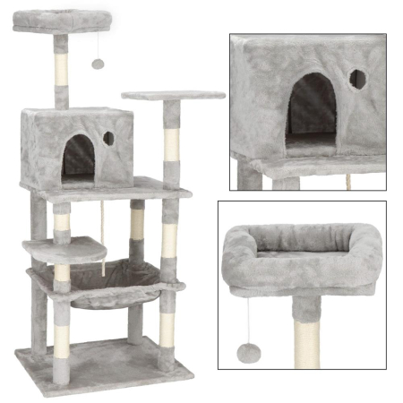 Ansamblu joaca pisici loc zgariat ascunzatoare culcus minge sfoara, 145 cm, stalpi sisal, gri [2]