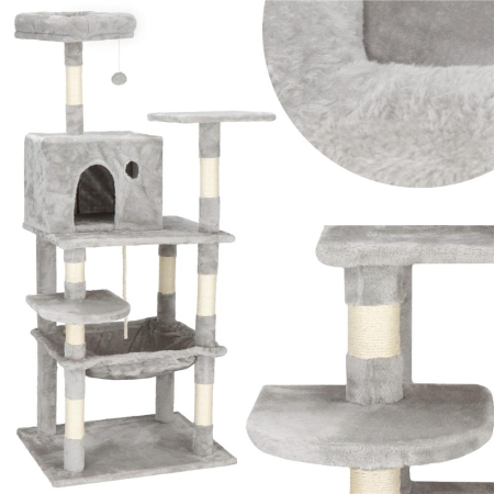 Ansamblu joaca pisici loc zgariat ascunzatoare culcus minge sfoara, 145 cm, stalpi sisal, gri [3]