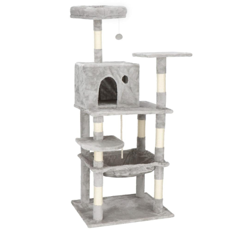 Living & hol - Ansamblu joaca pisici loc zgariat ascunzatoare culcus minge sfoara, 145 cm, stalpi sisal, gri