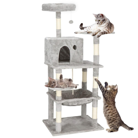 Ansamblu de joaca pentru pisici, cu loc pentru zgariat, ascuns, culcus, minge, sfoara, 145cm, gri [8]