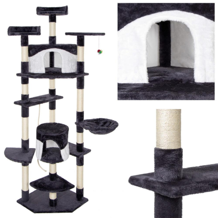 Ansamblu joaca pisici loc zgariat ascunzatoare culcus minge sfoara, 203 cm, sisal, gri inchis [6]