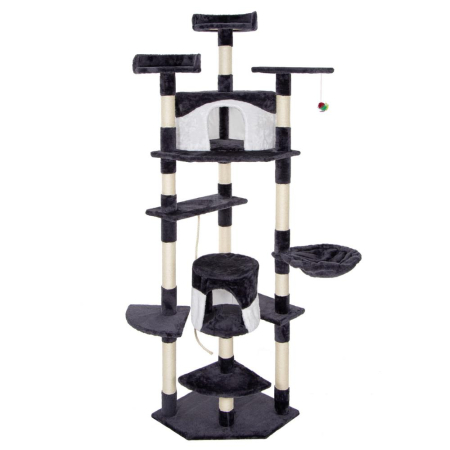 Pet Shop - Ansamblu de joaca pentru pisici, cu loc pentru zgariat, ascuns, culcus, minge, sfoara, 203cm, gri inchis