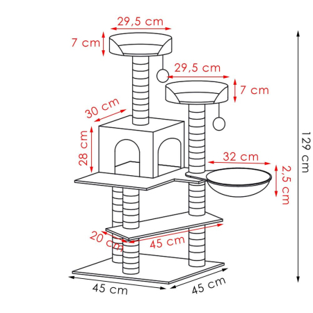 Ansamblu joaca pisici loc zgariat ascunzatoare culcus mingi, 129 cm, stalpi sisal, gri [12]