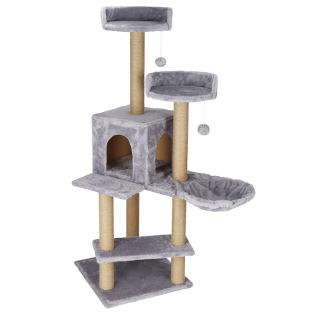 Living & hol - Ansamblu joaca pisici loc zgariat ascunzatoare culcus mingi, 129 cm, stalpi sisal, gri