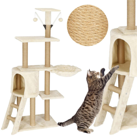 Ansamblu joaca pisici loc zgariat ascunzatoare culcus mingi, 136 cm, stalpi sisal, crem [3]