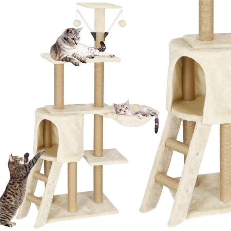Ansamblu joaca pisici loc zgariat ascunzatoare culcus mingi, 136 cm, stalpi sisal, crem [2]