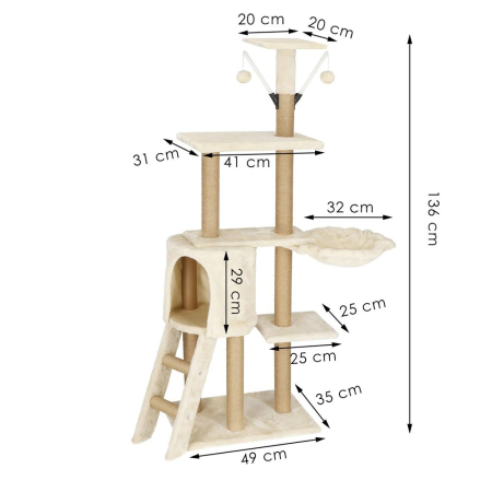 Ansamblu joaca pisici loc zgariat ascunzatoare culcus mingi, 136 cm, stalpi sisal, crem [6]