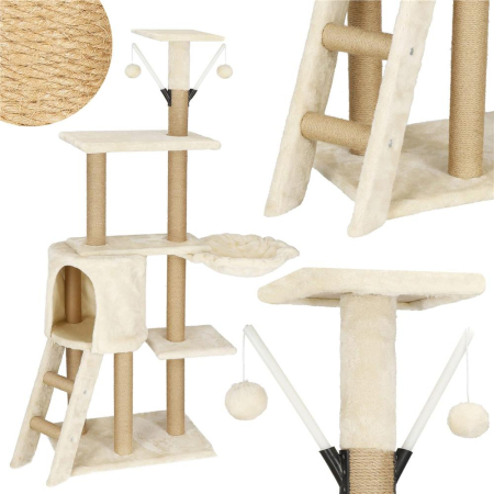 Ansamblu joaca pisici loc zgariat ascunzatoare culcus mingi, 136 cm, stalpi sisal, crem [4]