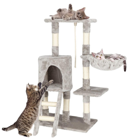 Ansamblu de joaca pentru pisici, cu loc pentru zgariat, ascuns, culcus, sfoara, 96cm, gri [5]