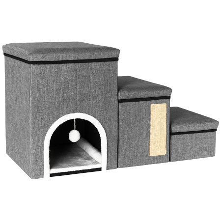 Ansambluri de joaca animale - Ansamblu joaca pisici 3in1 trepte casuta panou sisal compact, 33x76x42 cm, stabil, gri