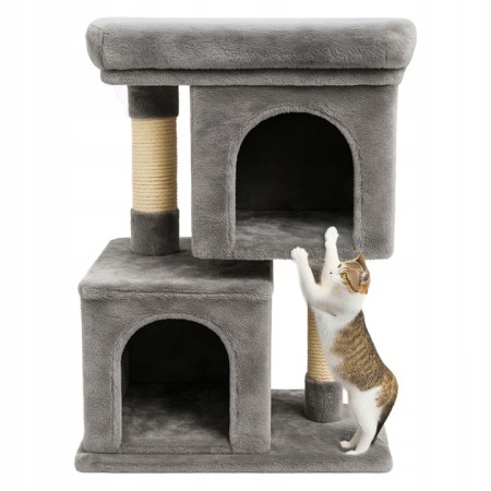 Ansamblu de zgariat pentru pisici tip turn cu 2 niveluri, tunel, casuta si pat, MDF si plus, 67 cm, gri [1]
