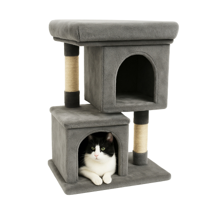 Ansamblu de zgariat pentru pisici tip turn cu 2 niveluri, tunel, casuta si pat, MDF si plus, 67 cm, gri [2]