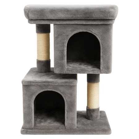 Living & hol - Ansamblu de zgariat pentru pisici tip turn cu 2 niveluri, tunel, casuta si pat, MDF si plus, 67 cm, gri