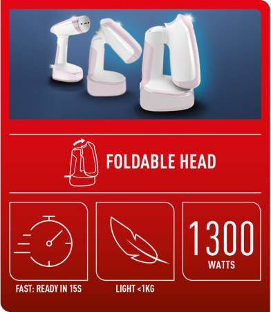 Aparat de calcat vertical pliabil Tefal ACCESS STEAM POCKET DT3050E1, 1300W, abur variabil 20 g/min, oprire automata, husa pentru transport, alb & r [14]