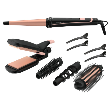 Aparat de coafat Rowenta Infinite Looks 14 în 1 CF4231F0, învelis Ceramic, accesoriu conic pentru bucle, perie rotunda, negru&portocaliu [1]