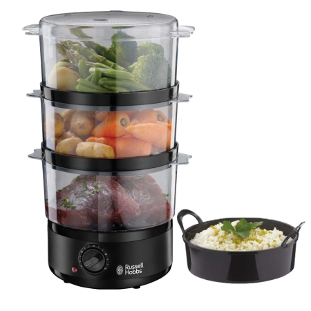 Aparate de gatit cu aburi & Deshidratoare - Aparat de gatit cu aburi Russell Hobbs Kitchen Collection, 7L, 3 niveluri, rezervor 500ml, cronometru 60 min, negru