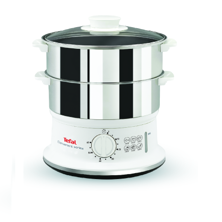 Bucatarie - Aparat de gatit cu aburi Tefal Convenient Series VC145130, 2 vase, cronometru mecanic, 2 accesorii, 6 L, inox, alb