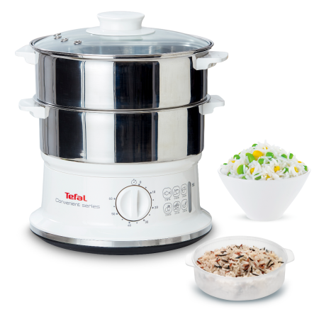 Aparat de gatit cu aburi Tefal Convenient Series VC145130, 2 vase, cronometru mecanic, 2 accesorii, 6 L, inox, alb [1]