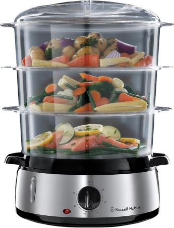 Bucatarie - Aparat de gatit la aburi Russell Hobbs 19270-56 Cook@Home, 3 niveluri 9L, timer 60 min, 800W, bol orez 1L, Inox