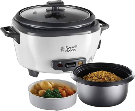Multicooker - Aparat de gatit orez Russell Hobbs, capacitate medie, vas antiaderent, functie mentinere cald, indicator luminos, alb