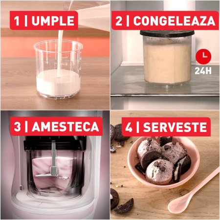 Aparat de inghetata Tefal Dolci IG602AE0, 3 recipiente din tritan de 460 ml, 10 programe, Tehnologia unica 1-Step Perfector, crem & negru [2]
