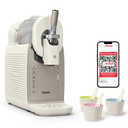 Bucatarie - Aparat de inghetata Tefal Freezi IG801AE0, 200 W, 2 L, 5 programe automate, 16 preparate presetate, tehnologie Ultra Quiet, pentru inghetata soft, slu