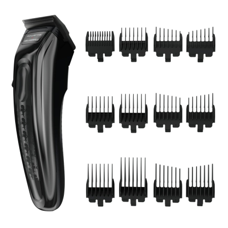 Baie - Aparat de tuns Rowenta x Karl Lagerfeld Barber Experience TN155LE0, 6500 rpm, autonomie 150 min, 6 piepteni ficsi, 6 piepteni fade, lame inox, indicator LED, baza de incarcare, negru & gri