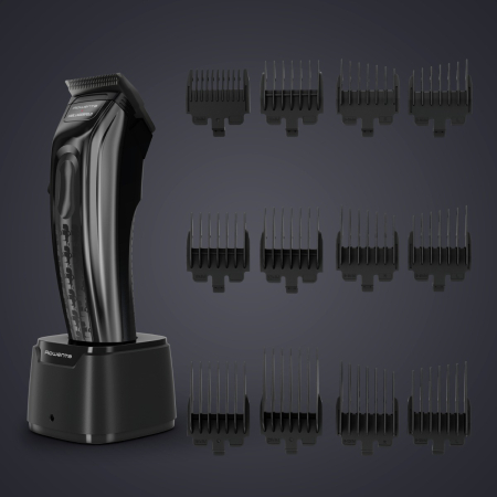 Aparat de tuns Rowenta x Karl Lagerfeld Barber Experience TN155LE0, 6500 rpm, autonomie 150 min, 6 piepteni ficsi, 6 piepteni fade, lame inox, indicator LED, baza de incarcare, negru & gri [7]